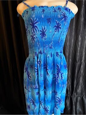 Blue Palm-Print Smocked Mini Dress